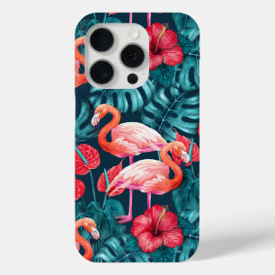 Coque iPhone 15 Pro Flamant rose et aquarelle du jardin tropical