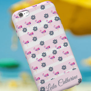 Case-Mate iPhone Case Flamant rose et fleur bleue motif blanc rose rayé