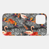 Coques Case-Mate iPhone Flamant rose et fleurs, motif monochrome. (Verso (horizontal))
