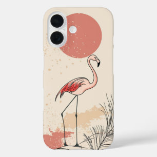 Coques iPhone 16 Flamant rose et le soleil rouge