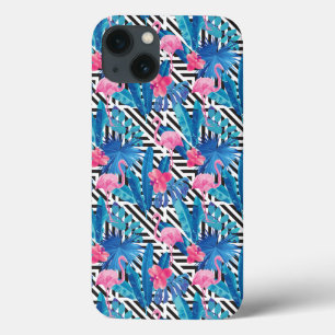 Etui iPhone 13 Flamant rose et paumes sur le motif géométrique