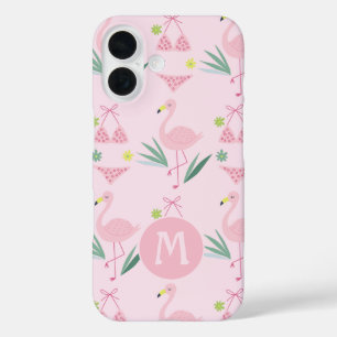 Coques iPhone 16 Flamant rose fille mignonne et Monogramme rose bik