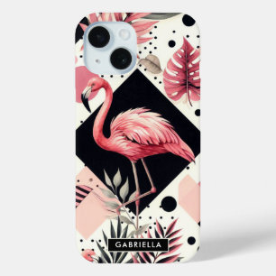 Coque Pour iPhone 15 Flamant rose mignon géométrique