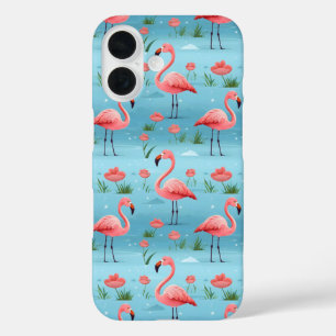 Coques iPhone 16 Flamant rose Motif d'eau bleu