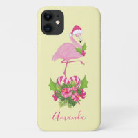 Flamant rose rose à Santa Hat Noël Whimsical