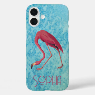 Coques iPhone 16 Plus Flamant rose rose Audubon sur aquarelle bleue
