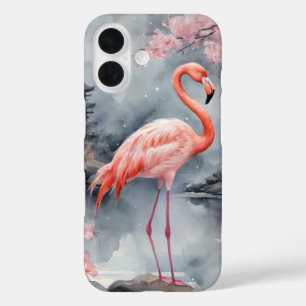 Coques iPhone 16 Flamant rose sur couverture d'éclaboussure d'encre