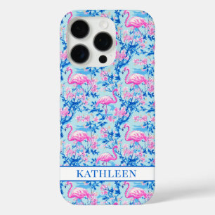 Coques iPhone 16 Pro Flamants avec fleurs roses monogrammées