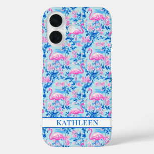 Coques iPhone 16 Flamants avec fleurs roses monogrammées