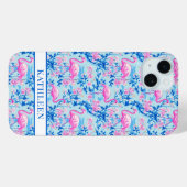 Coques Case-Mate iPhone Flamants avec fleurs roses monogrammées (Verso (horizontal))