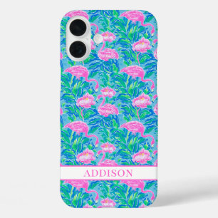 Coques iPhone 16 Plus Flamants Rose Monogrammés Aquarelle