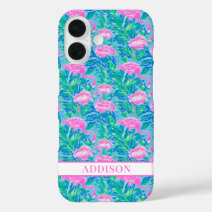 Coques iPhone 16 Flamants Rose Monogrammés Aquarelle