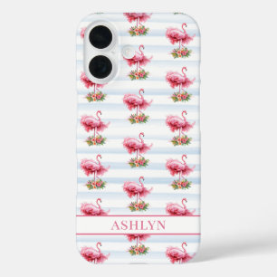 Coques iPhone 16 Flamants roses avec des fleurs sur des rayures à l