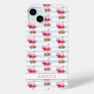 Coque iPhone 15 Mini Flamants roses avec des fleurs sur des rayures à l