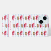 Coques Case-Mate iPhone Flamants roses avec des fleurs sur des rayures à l (Verso (horizontal))