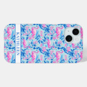 Coques Case-Mate iPhone Flamants roses avec fleurs roses monogrammées (Verso (horizontal))