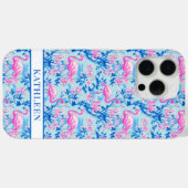 Coques Case-Mate iPhone Flamants roses avec fleurs roses monogrammées (Verso (horizontal))