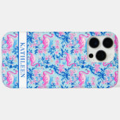 Coques Case-Mate iPhone Flamants roses avec fleurs roses monogrammées (Verso (horizontal))