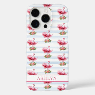 Coques iPhone 16 Pro Flamants roses avec fleurs sur rayures à l'aquarel