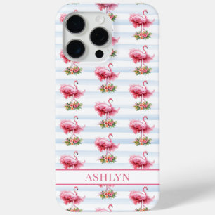 Coque iPhone 15 Pro Max Flamants roses avec fleurs sur rayures à l'aquarel