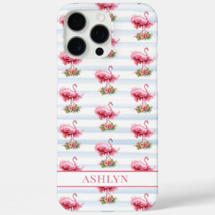 Coques iPhone 16 Pro Max Flamants roses avec fleurs sur rayures à l'aquarel