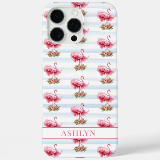 Coques Case-Mate iPhone Flamants roses avec fleurs sur rayures à l'aquarel (Verso)