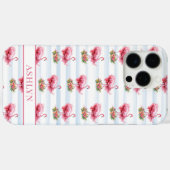 Coques Case-Mate iPhone Flamants roses avec fleurs sur rayures à l'aquarel (Verso (horizontal))