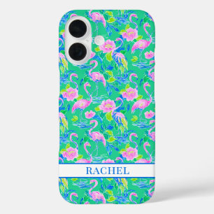 Coques iPhone 16 Flamants Roses Monogrammés