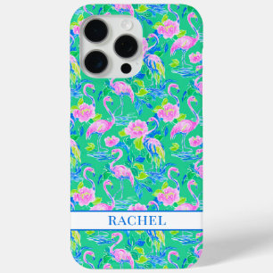 Coque iPhone 15 Pro Max Flamants roses monogrammés
