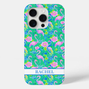 Coque iPhone 15 Pro Flamants Roses Monogrammés