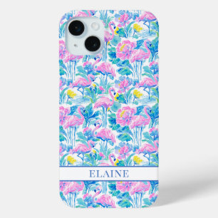 Coque iPhone 15 Mini Flamants roses monogrammes aquarelle