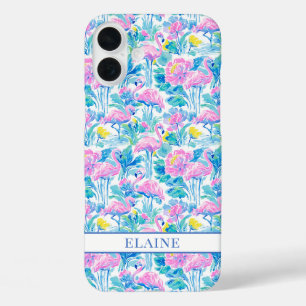 Coques iPhone 16 Plus Flamants roses monogrammes aquarelle