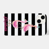 Coques Case-Mate iPhone Flamants roses, rayures noires et blanches (Verso (horizontal))