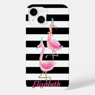Coque Pour iPhone 14 Flamants roses roses, Noir, Blancs