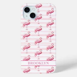 Coque iPhone 15 Mini Flamants sur rayures à l'aquarelle monogrammées