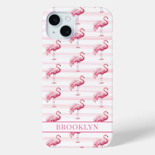 Coques Case-Mate iPhone Flamants sur rayures à l'aquarelle monogrammées (Verso)