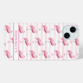 Coques Case-Mate iPhone Flamants sur rayures à l'aquarelle monogrammées (Verso (horizontal))