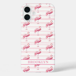Coques iPhone 16 Plus Flamants sur rayures à l'aquarelle monogrammées