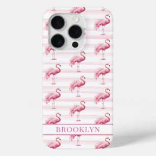 Coque iPhone 15 Pro Flamants sur rayures à l'aquarelle monogrammées