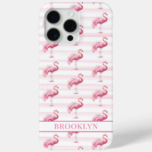 Coque iPhone 15 Pro Max Flamants sur rayures à l'aquarelle monogrammées