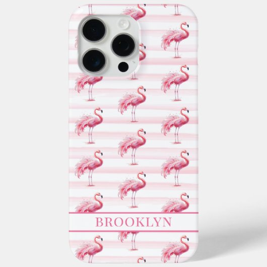 Coques Case-Mate iPhone Flamants sur rayures à l'aquarelle monogrammées (Verso)