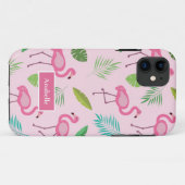 Coques Case-Mate iPhone Flamingo rose et feuilles tropicaux Nom personnali (Dos (Horizontal))