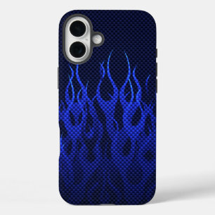 Coques iPhone 16 Plus Flammes de course bleues sur impression en fibre d
