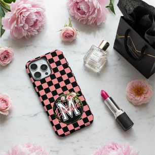 Coques iPhone 16 Pro Max Fleur À damiers noir et ROSE monogramme