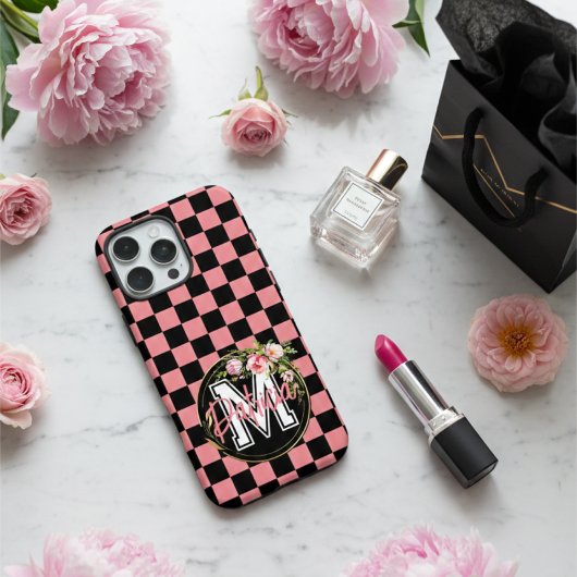 Coques Case-Mate iPhone Fleur À damiers noir et ROSE monogramme