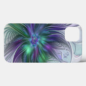 Coques Case-Mate iPhone Fleur abstraite fractale violette verte Initiales (Verso (horizontal))