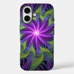 Coques iPhone 16 Fleur Abstraite Moderne de Fractale d'Art en Viole