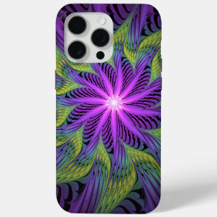 Coque iPhone 15 Pro Max Fleur Abstraite Moderne de Fractale Violette Verte