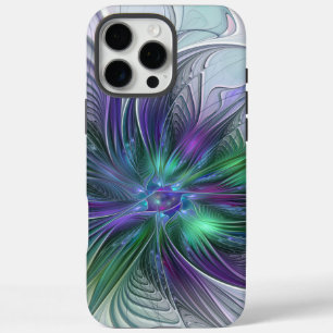 Coques iPhone 16 Pro Max Fleur Abstraite Moderne Fractale Verte Violette