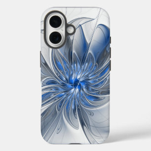 Coques iPhone 16 Fleur d'art fractal à l'aquarelle bleue grise abst